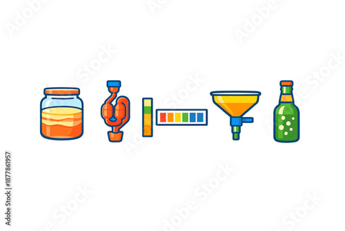 Brewing process icons: fermentation, measurement, bottling