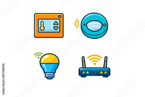 Smart home devices icons: thermostat, motion sensor, light bulb
