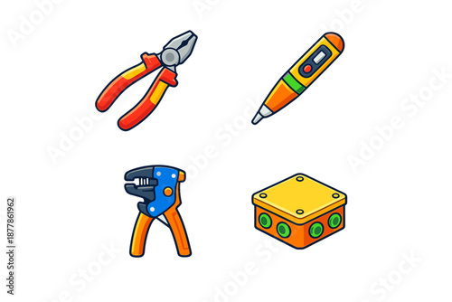 Set of four cartoon electrician tools on a dark background