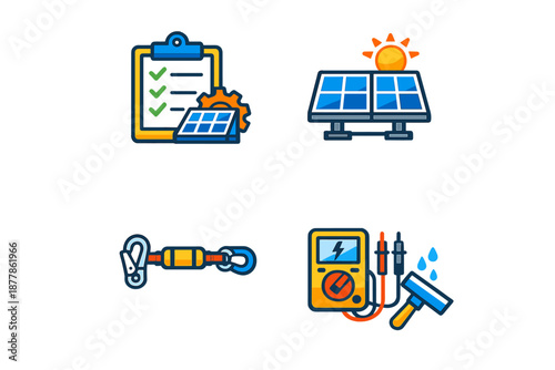 Solar energy icons: checklist, solar panel, tester, and equipment