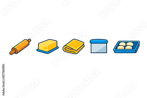 Baking icons: rolling pin, butter, dough, bench scraper, bread rolls