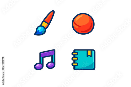 Set of four creative icons: paintbrush, ball, music note, notebook