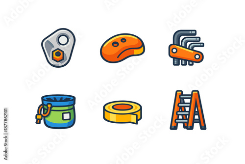 Set of climbing and DIY tool icons on a dark background