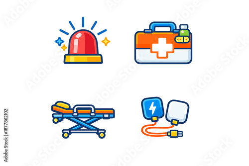 Medical emergency icons: siren, first aid kit, stretcher