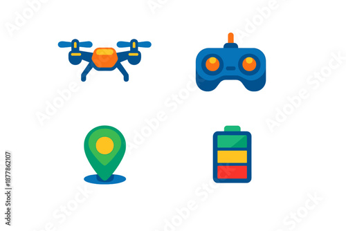 Drone technology icons: drone, remote control, map pin, battery