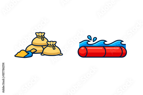 Sandbags and floating tube with water splashes
