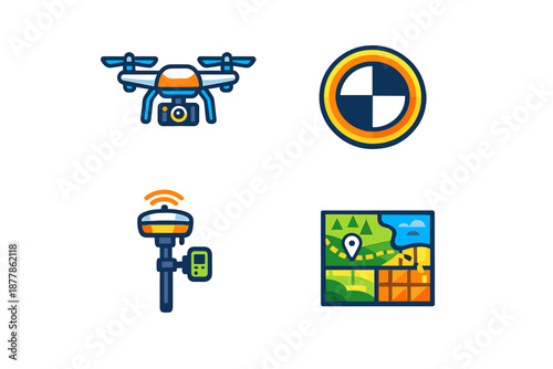 Set of icons: drone, GPS, map and target