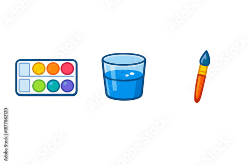 Art supplies: Paint palette, water glass, and paintbrush