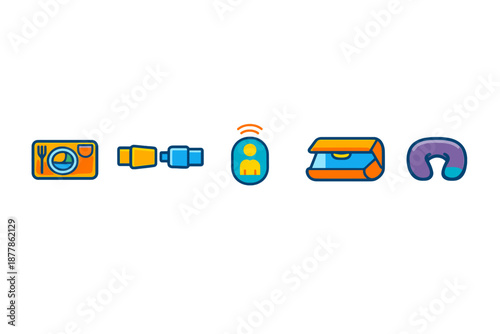 Set of travel icons: food, seatbelt, person tracker, iron, neck pillow