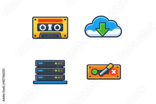 Set of four flat icons: cassette, cloud download, server rack, switch