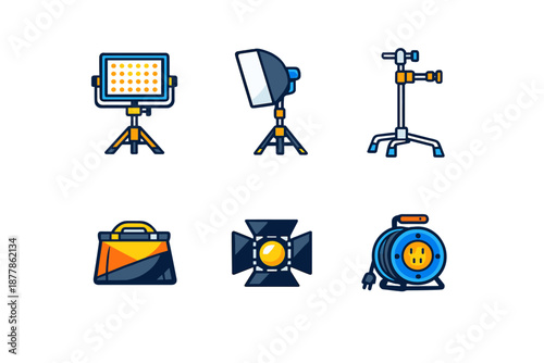 Photography equipment icons, studio lighting and accessories