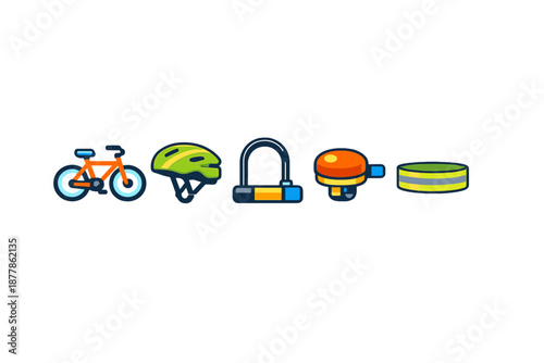 Bicycle accessories icons: bike, helmet, lock, bell, and reflector