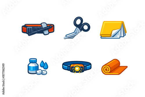 Emergency and survival gear icons on dark background