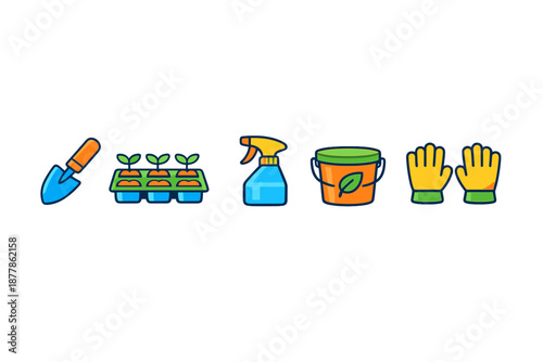 Gardening Icons Set with Shovel, Seedling Tray, Sprayer, Bucket