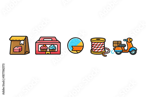 Set of stylized icons: food bag, cupcake box, ribbon, spool, scooter