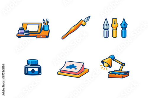 Illustration of calligraphy tools and art supplies