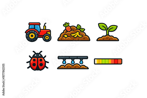 Farming icons: tractor, soil, sprout, ladybug, irrigation, and