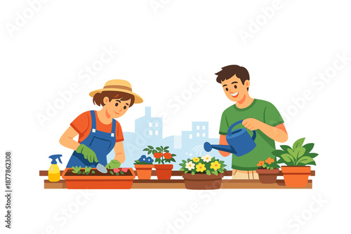 Couple gardening on a balcony with city view
