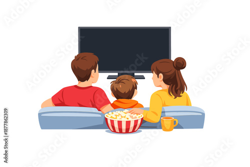 Family watching TV with popcorn and drink