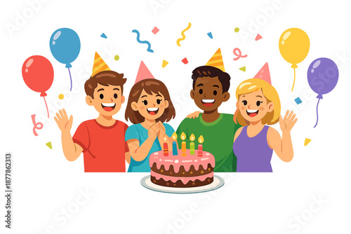 Friends celebrating birthday with cake and balloons