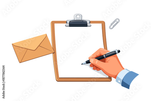 Hand writing on clipboard with envelope and paperclip