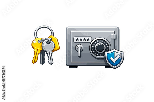 Safe, keys and shield with checkmark icon