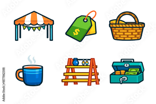 Collection of flat icons representing commerce and goods