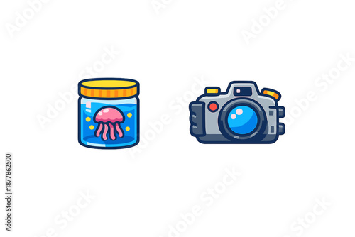 Cartoon jellyfish in a jar and a camera icon