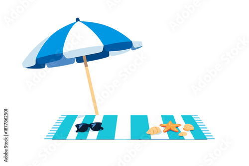 Beach umbrella with towel, sunglasses and seashells