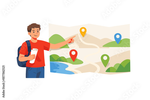 Young man with backpack pointing at a folded travel map