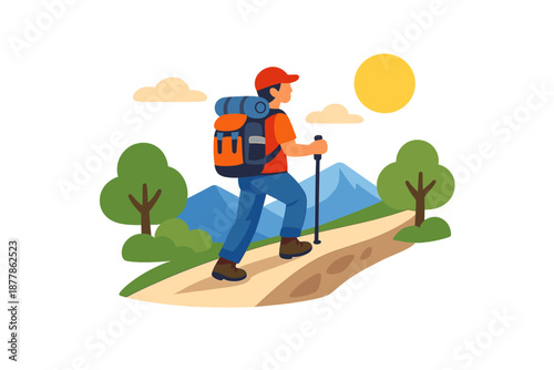 Hiker with backpack and poles on mountain trail