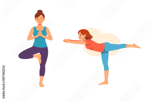 Two women doing yoga poses with glowing aura