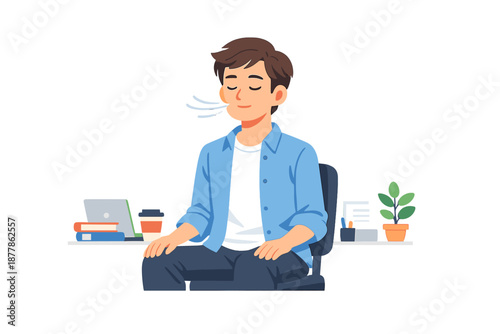 Man meditating at desk, focusing on breathing