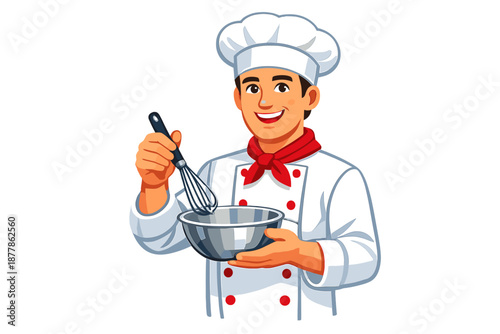 Smiling chef holding a whisk and bowl