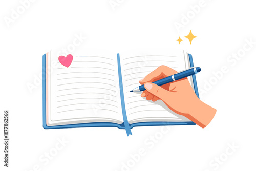 Hand writing in a journal with a pink heart on the page
