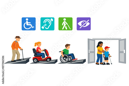 Diverse individuals with disabilities access through a doorway