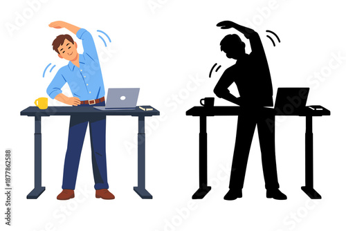 Man stretching at a standing desk with a laptop