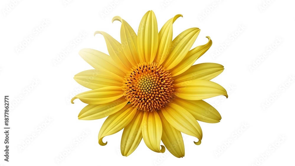 Fototapeta premium Close-up of a stunning vibrant yellow flower with intricate petals and a detailed center, symbolizing nature's beauty, summer joy, and botanical elegance