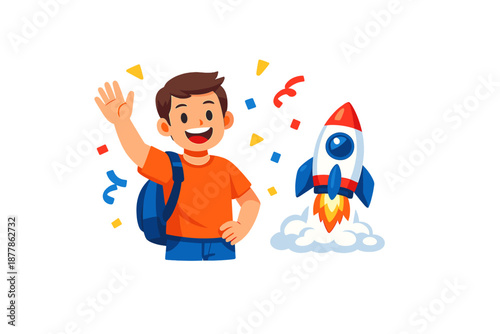 Happy boy waving with a rocket launching in the background