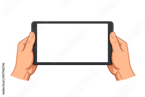 Hands holding a tablet computer in landscape mode