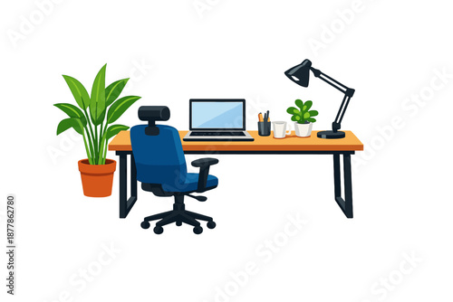Cartoonish desk with laptop, chair, plants, and lamp