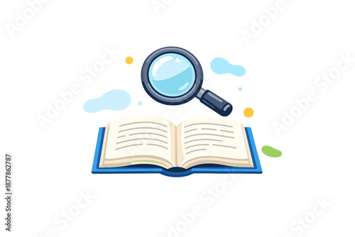 Magnifying glass over an open book with glowing lights