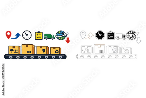 Logistics and delivery process icons on a conveyor belt