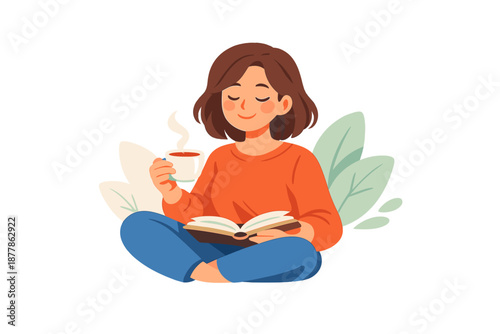 Woman reading a book with a cup of coffee