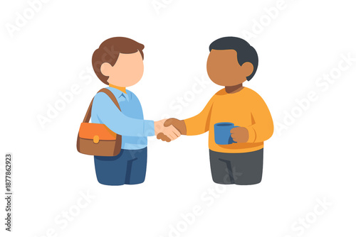 Two diverse cartoon men shaking hands, one holding a mug