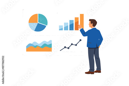 Man pointing at financial charts on a screen