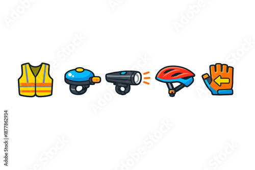Cycling safety gear: vest, bell, light, helmet, and glove