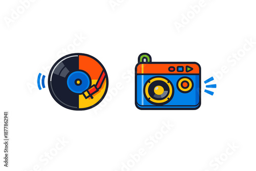 Turntable and Boombox Music Icons with Sound Waves