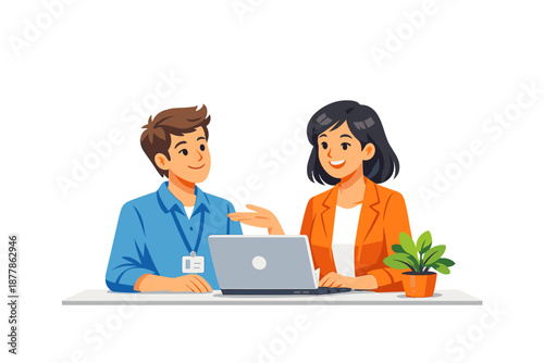 Two professionals collaborating on a laptop at a desk