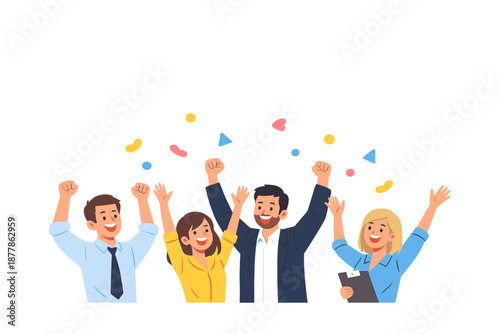 Four people celebrating with confetti and glowing effect